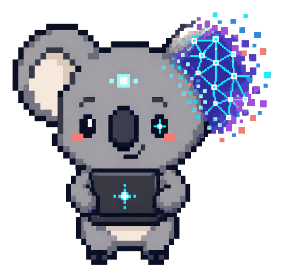 CoraisKoala holding a glowing laptop